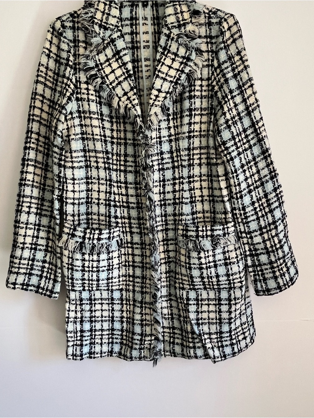 Karen Kane Black White Blue Plaid Long Sleeves Tweed Fringe Long Jacket Women M